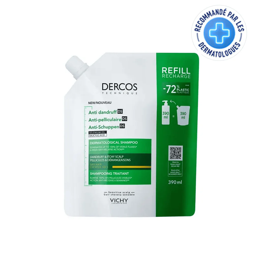 DERCOS SHAMPOING ANTI-PELLICULAIRE CHEVEUX SECS RECHARGE 390 ML